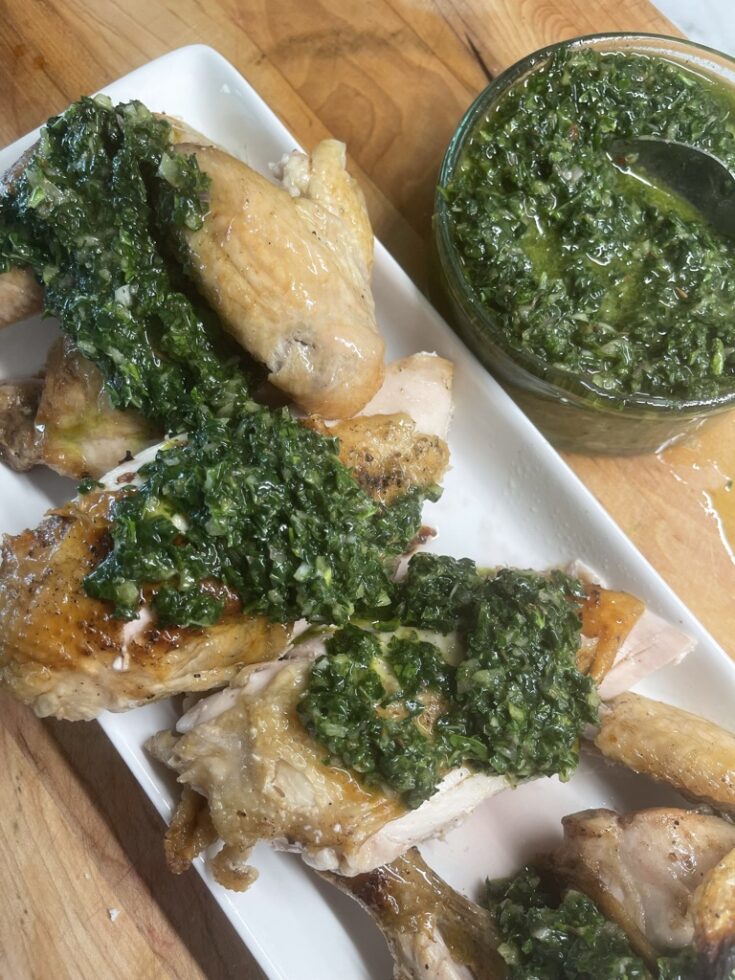 Chamomile Brined Spatchcock Chicken with Kale Chimichurri Sauce