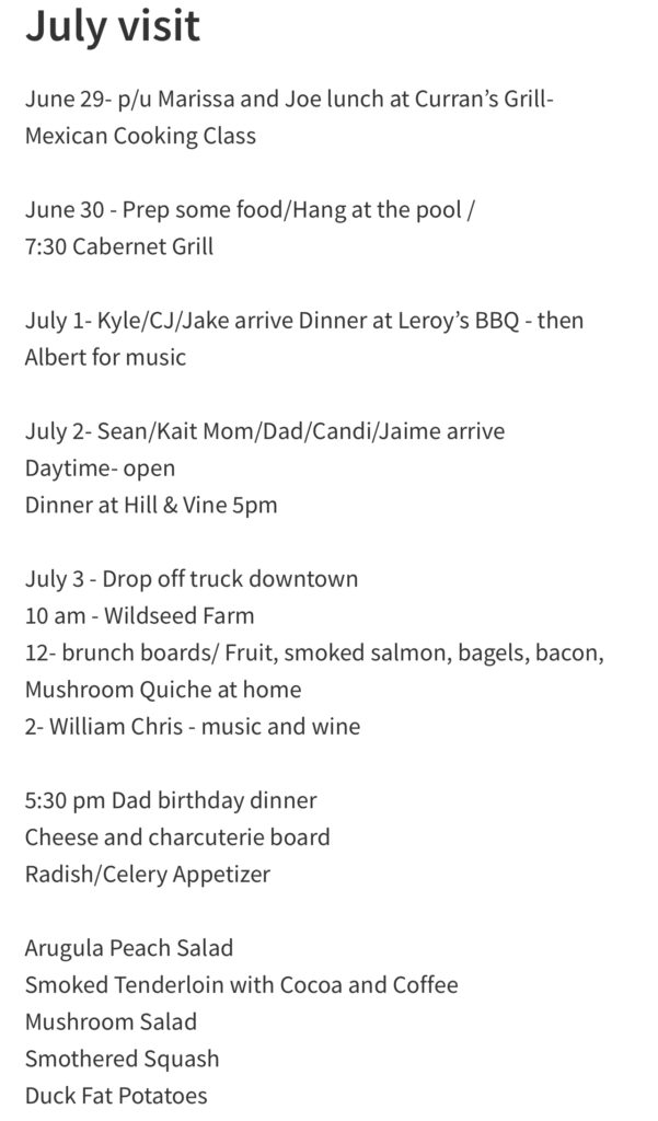 My itinerary for hosting guests for the July 4th long weekend