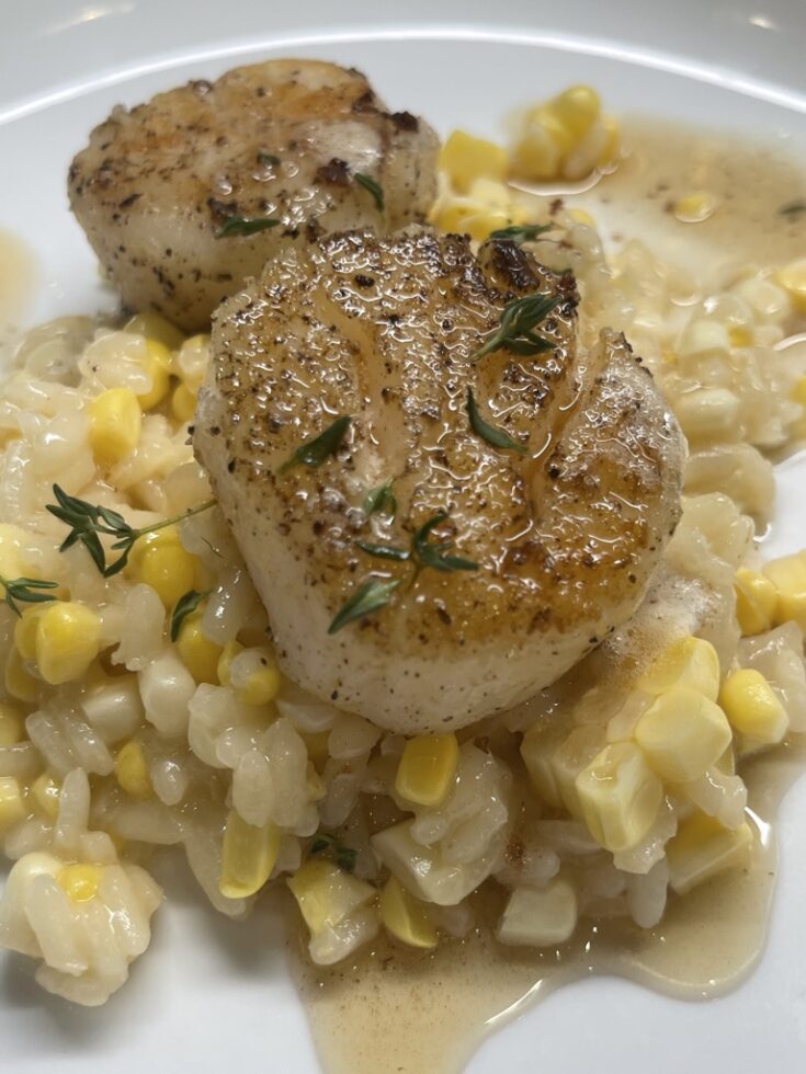 Brown Butter and Thyme Scallops with Corn Risotto