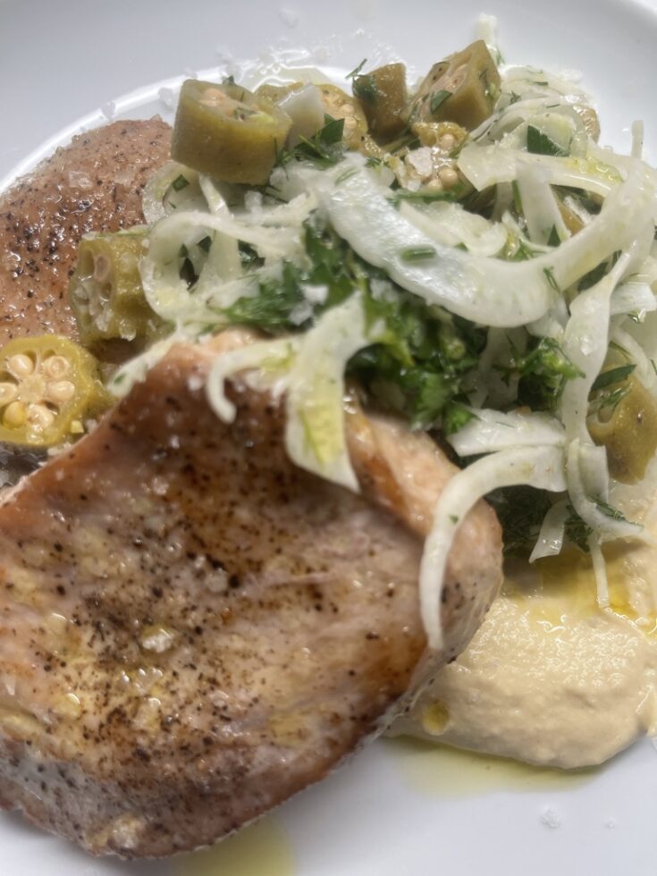 Pork Ribeye with Dijon Hummus and Shaved Fennel, Pickled Okra and Dill Salad