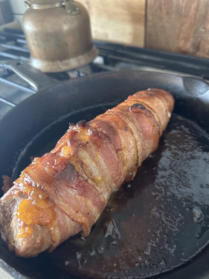 Bacon Wrapped Pork Tenderloin with Peach Hot Honey